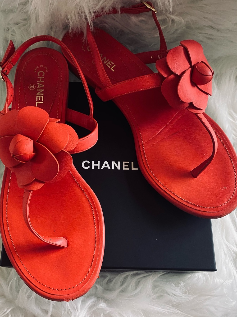CHANEL Orange Camellia Leather Thong Sandals